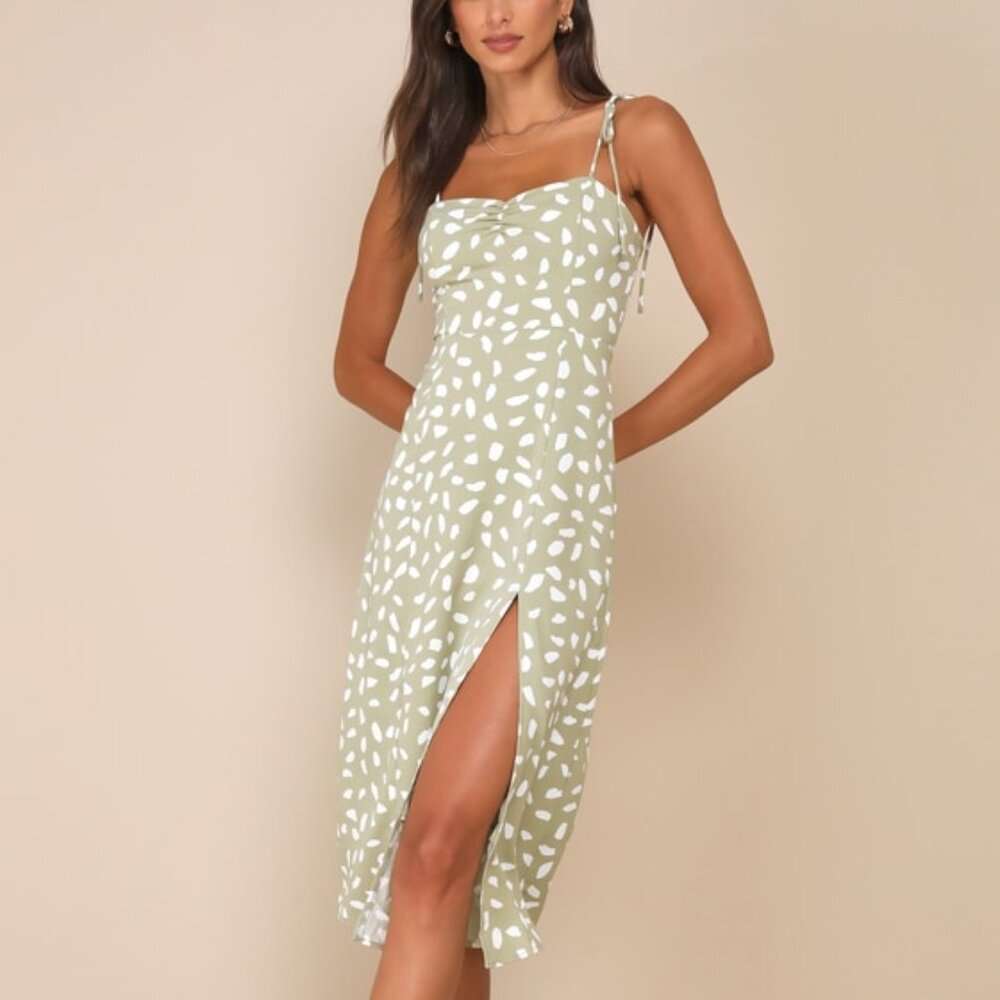 Lulus Party In Paris Sage Green Print Tie-strap Midi Dress - Size S